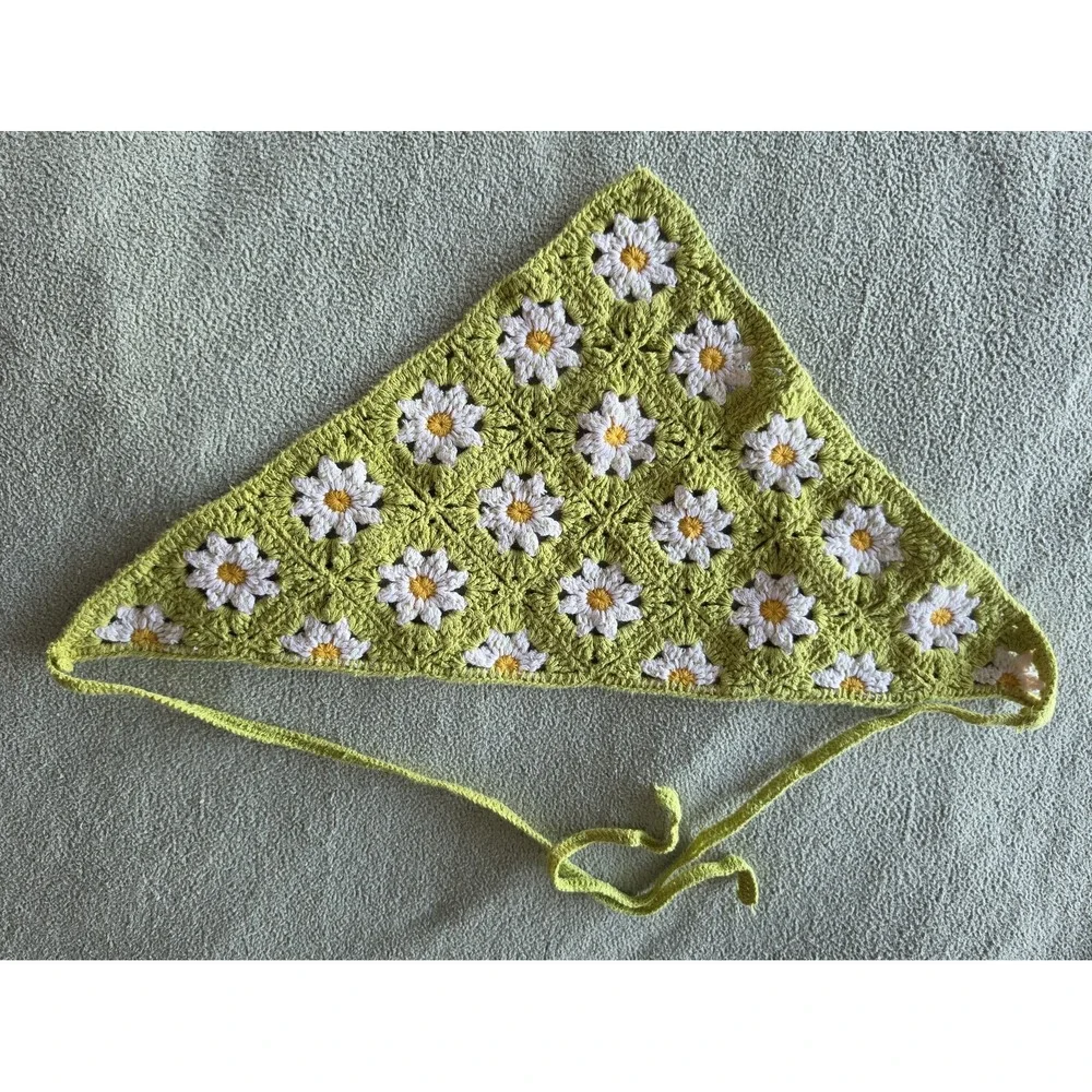 Women Floral Crochet Headscarf Green White Yellow Boho Scarf Hair Accessory